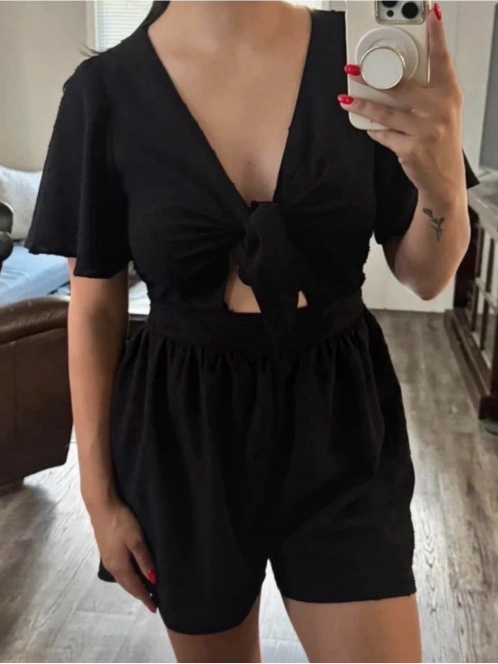 Amazon Black Tie-Front Romper with Flutter Sleeves